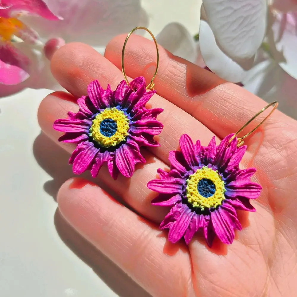 Garbera Daisy Flower Hoop Earrings Handcrafted with Polymer Clay Purple Colorful Design Unique Handmade Jewelry