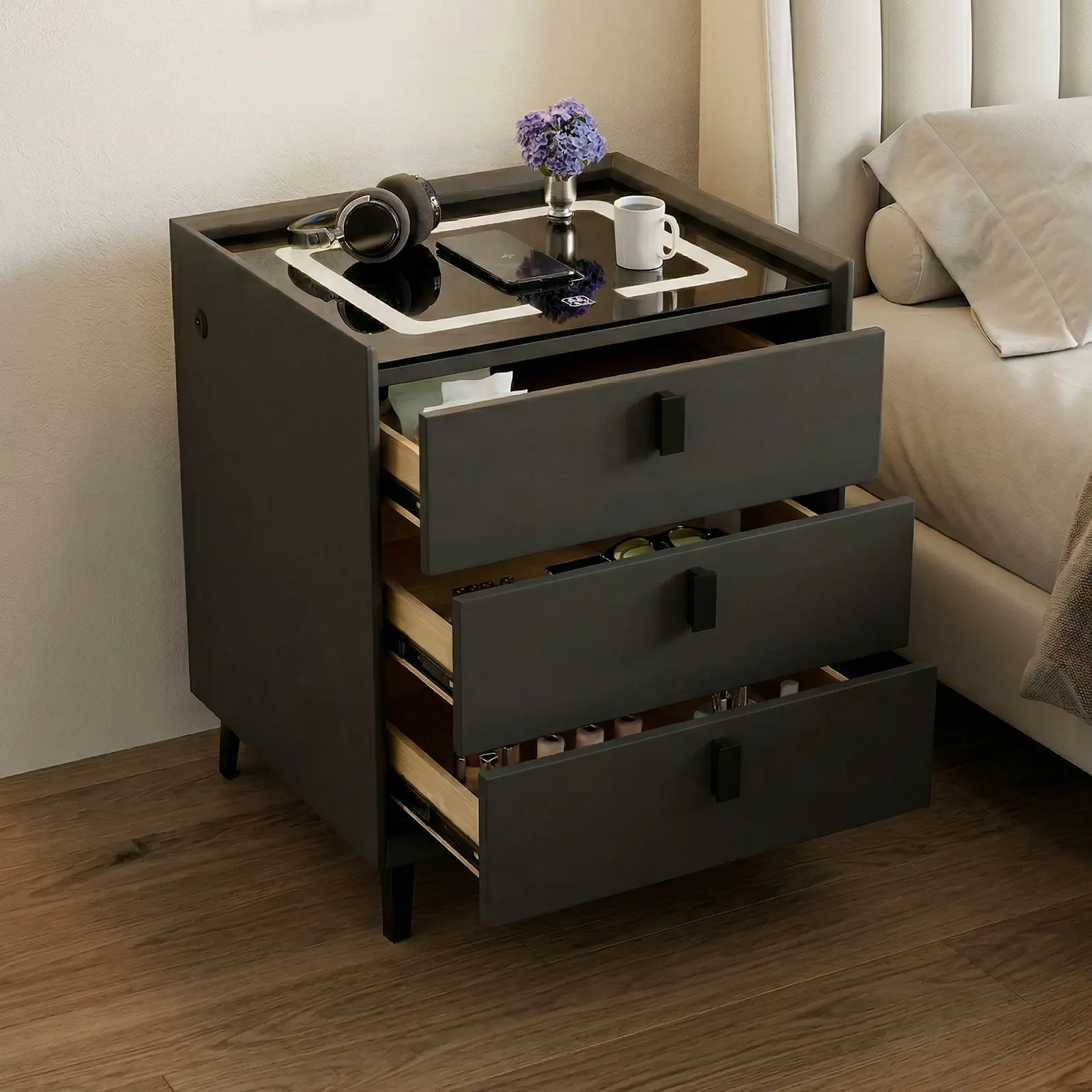 Contemporary 3C-Cert Glass Smooth-Glide Drawers Nightstand - Fully Assembled Modern Indoor Bedroom Furniture, Wireless Charging Station, 2 USB + Type-C Ports, Touch-LED Glow, 110lb Capacity, Dual-Use Storage for Home Decor