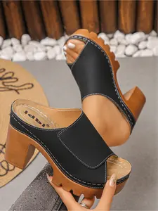 2026 Summer New Chunky Heel High Heel Casual Sandals for Women, Platform Mule Slides, Retro Open Toe Slippers