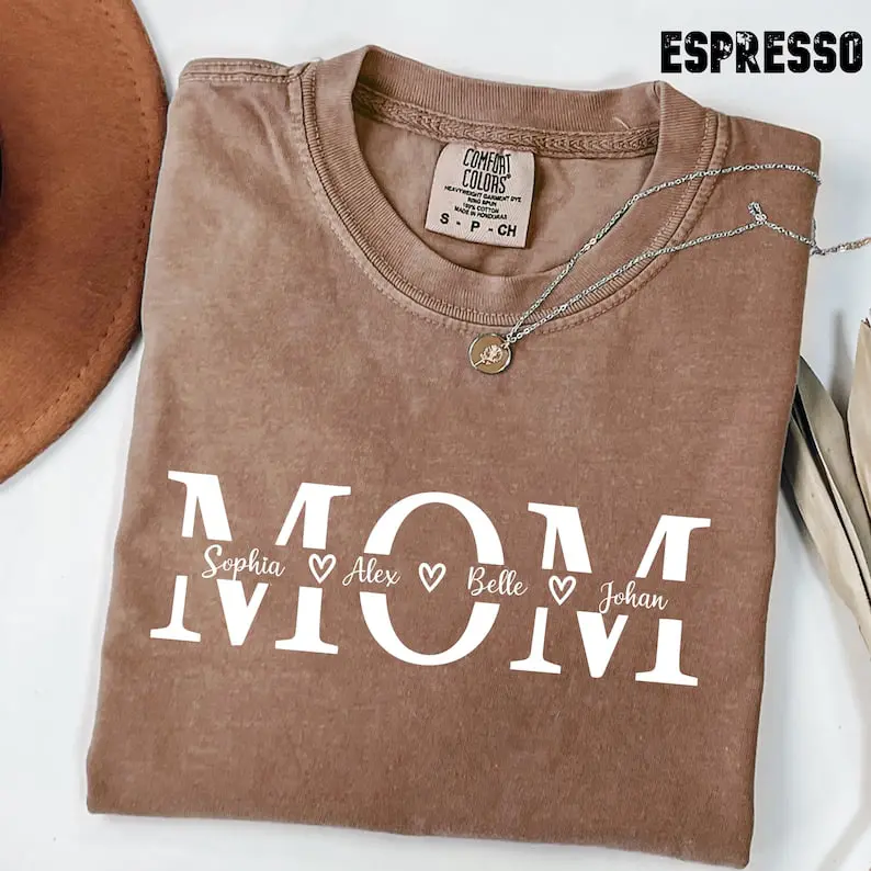 Comfort Colors custom mom shirt, personalized with children’s names, soft and cozy, perfect Mother’s Day gift or thoughtful gift for any proud mama.