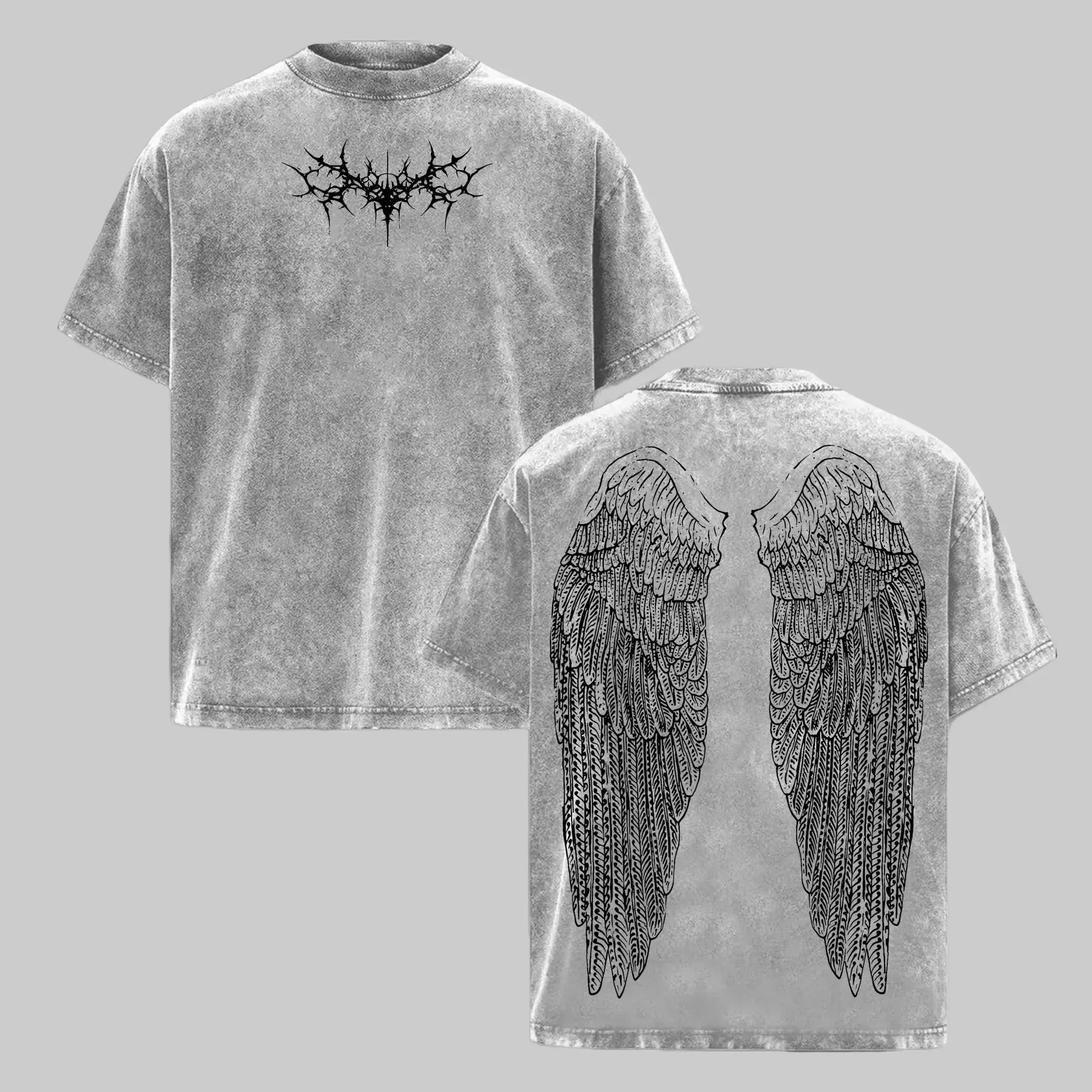 Menswear 100% Cotton Washed Vintage Short-Sleeve Round Neck T-Shirt - Gothic Wing Graphic, Oversized Grunge Streetwear, Anime-Inspired Dark Aesthetic Baggy Casual Garment