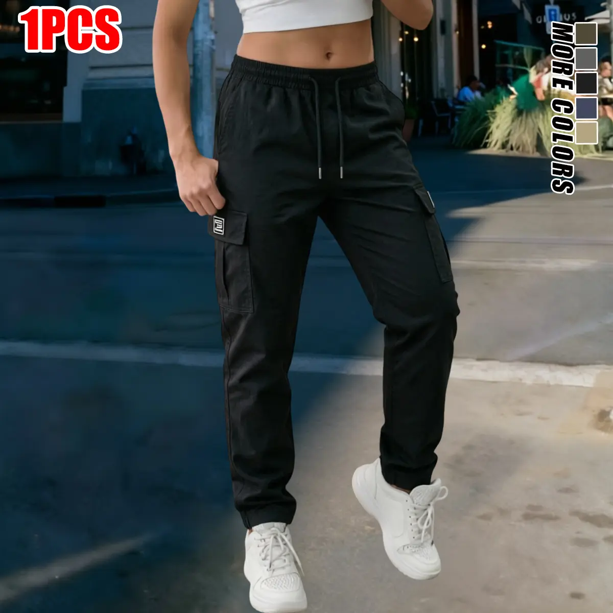 Women’s polyester cargo athletic pants for everyday casual home wear, featuring a soft, smooth polyester surface, odor-resistant fabric, multiple side pockets, and a loose tapered fit—ideal for relaxing at home and strolling among neighbors.