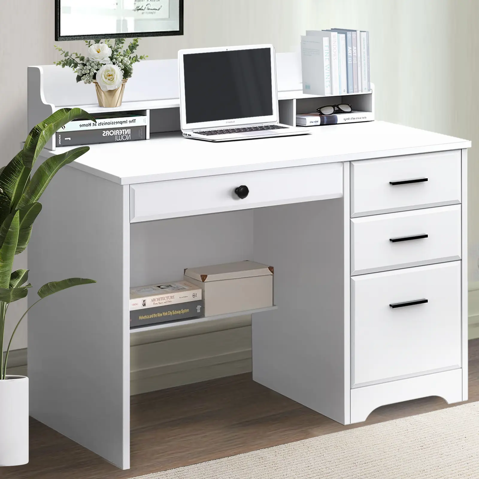 [SummerSale] HOMBCK Computer Desk with Drawers, White Desk with Storage, Home Office Desk with Monitor Stand, Student Writing Desk, White #home essentials#back to school