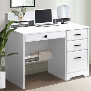 HOMBCK Computer Desk with Drawers, White Desk with Storage, Home Office Desk with Monitor Stand, Student Writing Desk, White