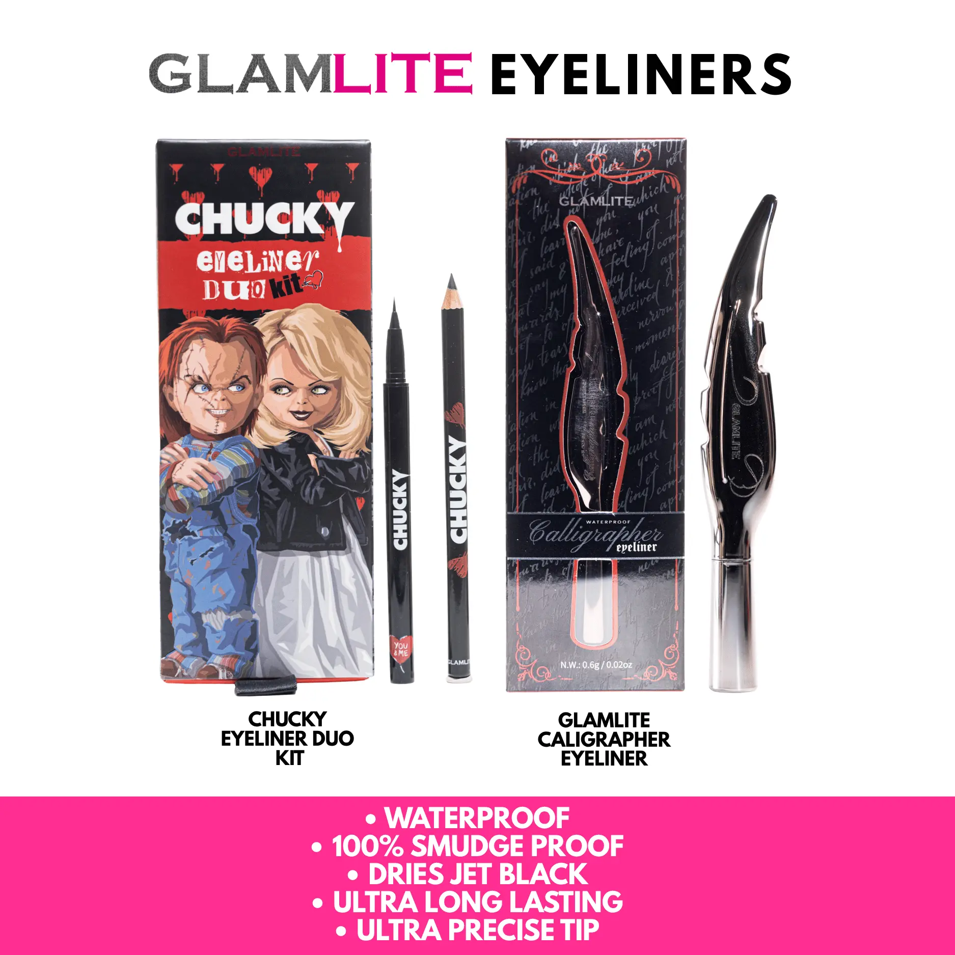 Glamlite Eyeliners - Water Proof, Smudge Proof, Jet Black, Ultra Long Lasting