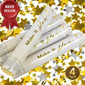 Golden Confetti Cannons | 4-Pack | Celebration Blasters for New Year's Eve | 1x Streamer Blaster and 3x Star Confetti Cannon Bulk | Gold Confetti Popper Blaster for NYE 2024 and Festivities