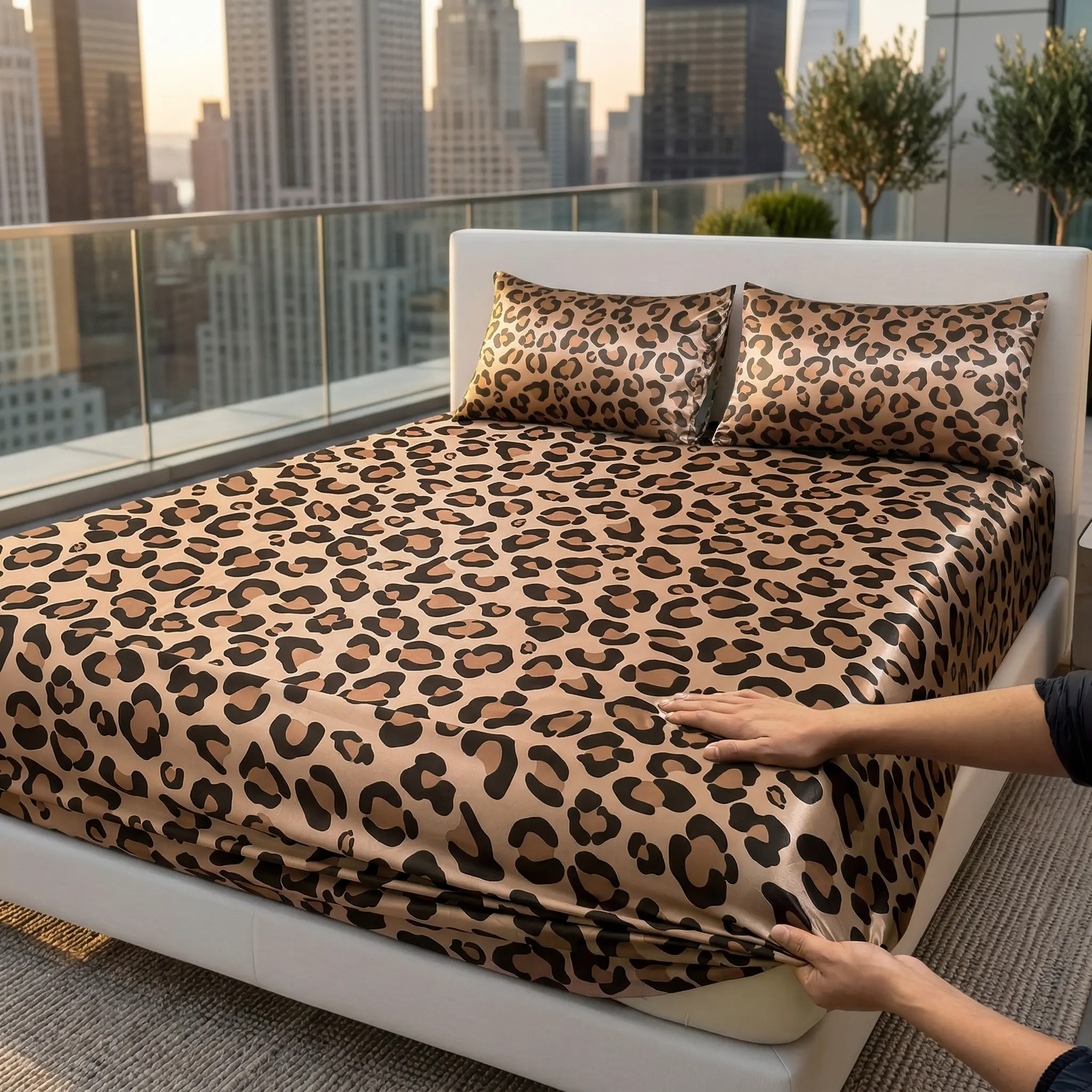 2/3-Piece Leopard Print Satin Bedding Set – Soft Breathable Fitted Sheet & Pillowcases, Deep Pocket, All-Season Comfort for Home Hotel style Bedroom Decor