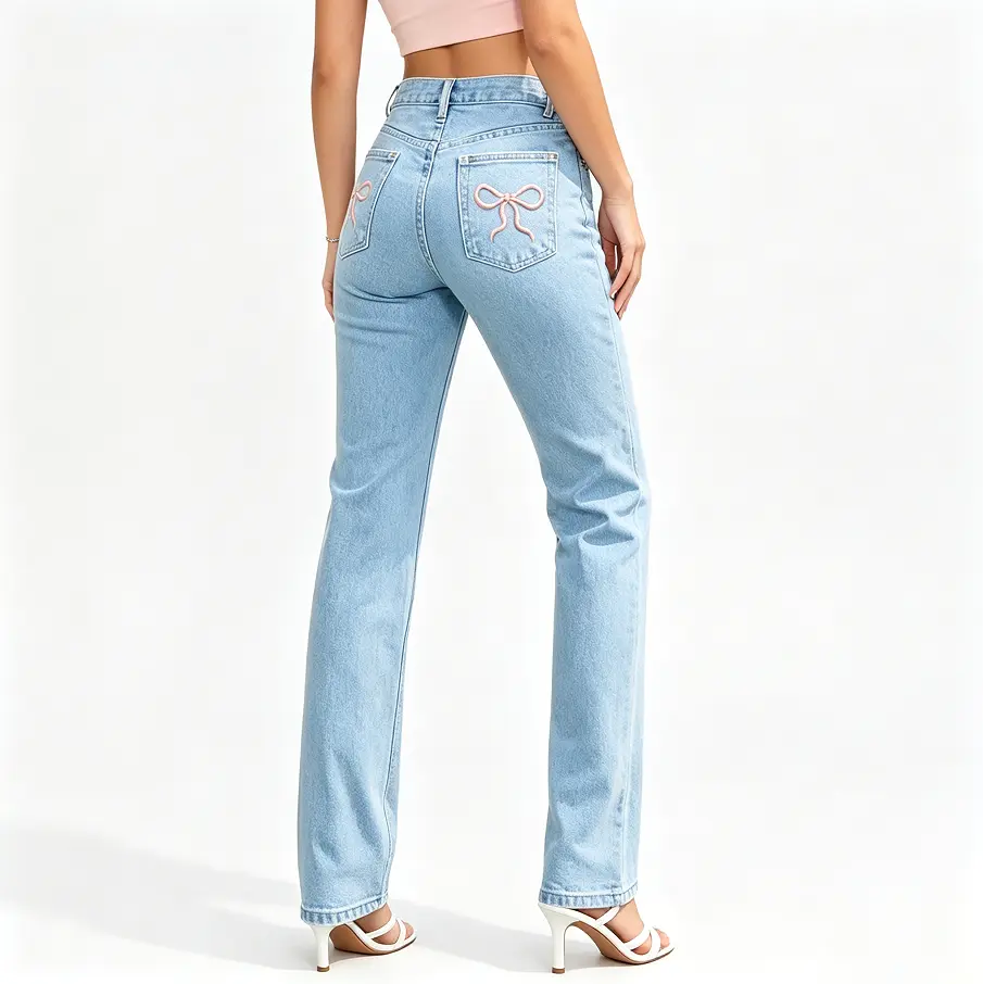 Women's Blue Embroidered Wide-Leg Jeans Women High Waist Light Wash Straight Leg Jeans With Pink Bow Embroidery Back Pocket Casual Coquette Style Denim Pants