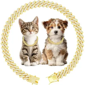 Iced Out Gold Cuban Link Dog Collar, Full Bling Rhinestone Hip Hop Pet Chain Necklace, Sparkly Diamond Encrusted Adjustable Choker for Small Medium Puppy Dachshund Chihuahua, Luxury Streetwear Pet Jewelry for Party Photoshoot Costume Accessory Gift