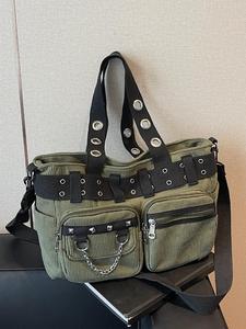 punk style studded & chain decorated crossbody bag, multi-pocket shoulder bag for women, casual trendy versatile high-quality daily commuting bag