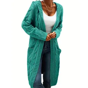 Elegant plus-size hooded knit cardigan, long-sleeve button-pocket sweater coat, casual solid-color women’s fashion outfit