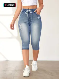 Women's Solid Drawstring Waist Ripped Capris Jeans, Casual Faded High Waist Denim Skinny Cropped Pants for Daily Wear, Ladies Bottoms for All Seasons