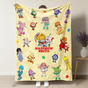 Rainbow Brite Full Character Collage Blanket,Nostalgic All-Star Cast Throw Featuring Every Sprite & Friend, Cozy Yellow Fleece Blanket for 80s Kids & OG Fans,Ultimate Childhood Nostalgia Gift