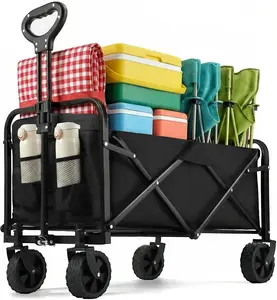 Heavy-Duty 220 LBS Folding Utility Wagon - All-Terrain Collapsible Trolley with Wide Wheels for Camping, Home Improvement (Black, Building Supply Cart)