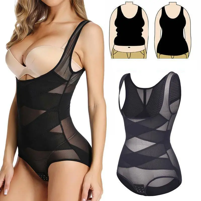 Women Mesh Shapewear Bodysuit Tummy Control  Faja Body Shaper Waist Trainer Bodysuit Butt Lifter Underwear