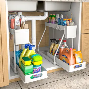 2 Pack White Under Sink Organizers and Storage, 2-Tier Sliding Cabinet Basket Organizer with Hooks, Multi-Purpose Under Sink Organizers and Storage for Bathroom Kitchen