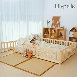 【Summervibes】Lilypelle Twin Size Toddler Floor Bed, Solid Wood Montessori Bed Frame with Fence & Door Montessori Floor Bed Crib with Safety Guardrails for Girls and Boys