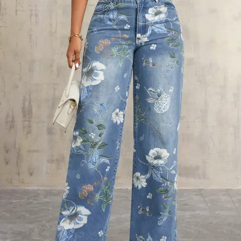 NVFelix High-Rise Vintage Floral Straight Leg Pants for Women Summer Casual Fashion Denim Pants