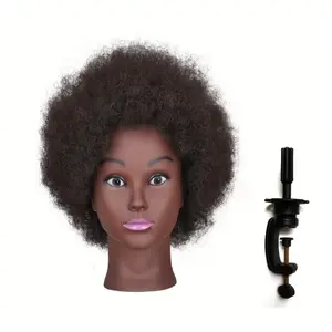 [100% Human Hair Mannequin Head] African Mannequin Head With 100% Human Hair, Curly Cosmetology Manikin Mannequins Heads With Stand For Display Practice Braiding Styling Training Head Hair Styling Afro
