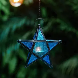 A colorful retro-style windproof glass candlestick in European style, a five-pointed star iron hanging relief glass candlestick (without candles), a festive atmosphere home decoration pendant