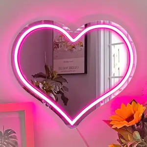 1pc Heart-Shaped Neon LED Mirror with Lights, Light Up Mirror, Led Lighted Mirror, Led Lighting Mirror, USB Powered, Floral Pattern, Wall-Mounted, Decorative Wall Mirror, Home Decor, Classic Style, Plastic Frame, Glass Surface