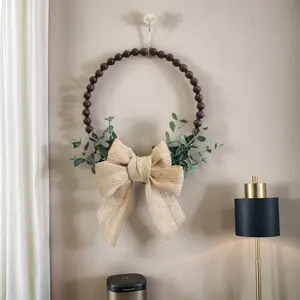 Charming Farmhouse Style Wreath with Wooden Beads, Bowknots, and Eucalyptus Leaves, Perfect for Home and Living Room Wall Decor, Home Decor Ornaments