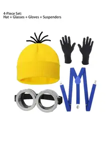 Adult Minion Cosplay Costume Set, Despicable Me Gru Assistant, One-Piece Romper + Eyeglasses + Knit Hat + Skirt, Halloween Party Dress