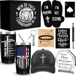 10 Pcs Christian Gifts for Men Faith, Inspirational Religious Gifts, Catholic Gift with 20 Oz Tumbler Bible Verses Crystal Plaque Hat Socks Bracelet Keychain for Husband, Dad, Grandpa, Friends