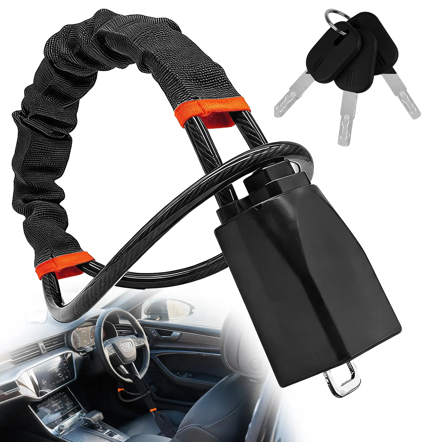 Steering Wheel Lock Seat Belt Lock Universal Anti Theft Car Device Car Lock with 3 Keys, Easy to Use Car Security Fit Most Vehicles, Truck, SUVs, Vans