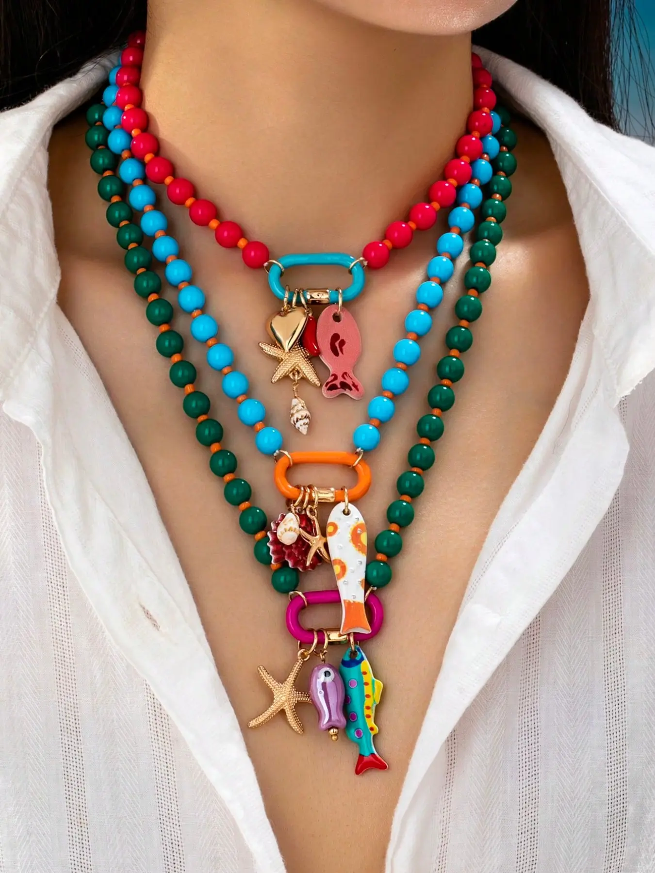 3-Piece Summer Beach Style Multi-Layer Resin Beaded Necklace, Colorful Fish and Starfish Pendants, Bohemian Fashion for Women, Boho Style Necklace