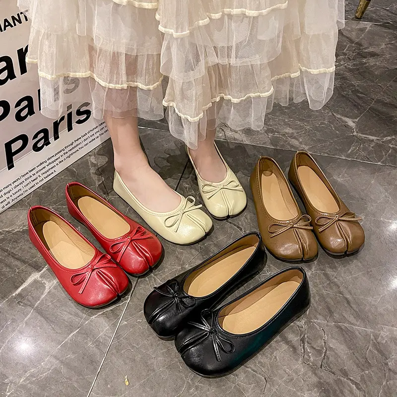 Women's Fashion Split-Toe Mary Jane Flats - Lightweight, Soft PU Leather, Polyester Slip-On Comfort Shoes for Daily Walking, Work