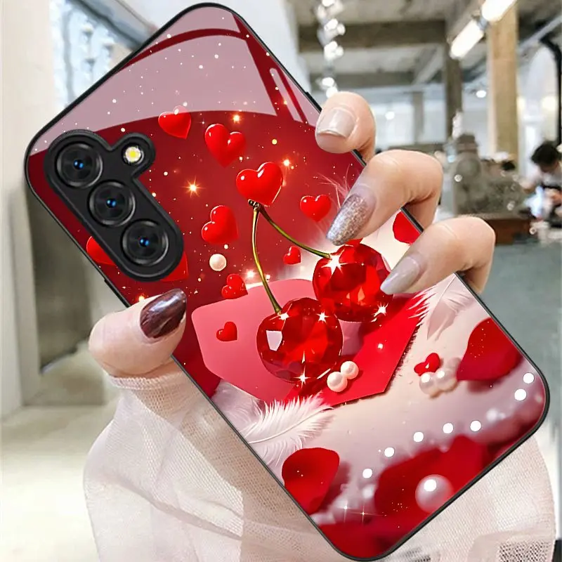 Red heart-shaped cherry pattern phone case, suitable for Samsung Galaxy A14 A15 A16 A23 A24 A25 A26 A32 A34 A35 A36 A52 A53 A54 A55 A56 S21/S22/S23/S24/S25/S26 FE/Plus/Ultra, anti-drop tempered glass protective case