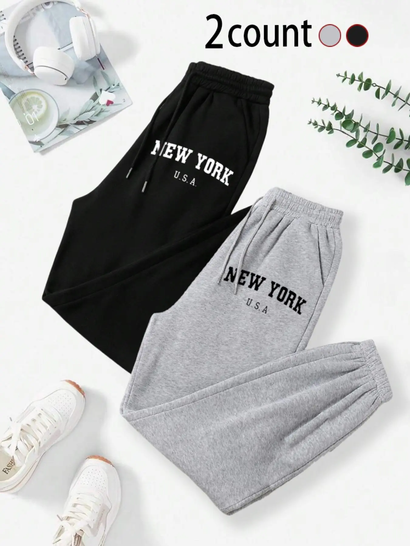 2 Pack Women's Drawstring Jogger Pants Athleisure Style Bottoms for Fall & Winter, Thick Workout Casual Baggy Sports Trousers with Side Pockets