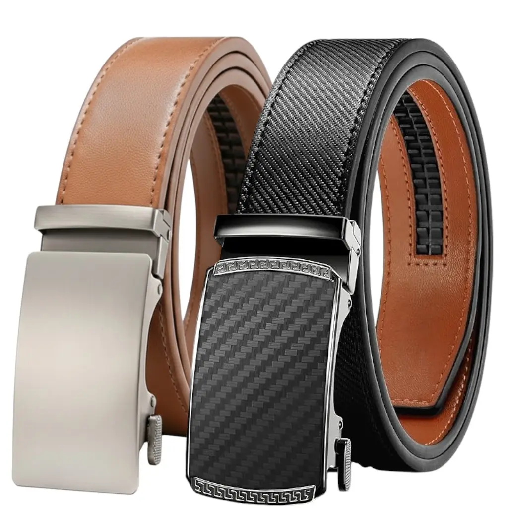 HAGIG Men’s Automatic Ratchet Belt Set – Adjustable Leather Belts with Slide Buckle, Black & Brown(2pack)