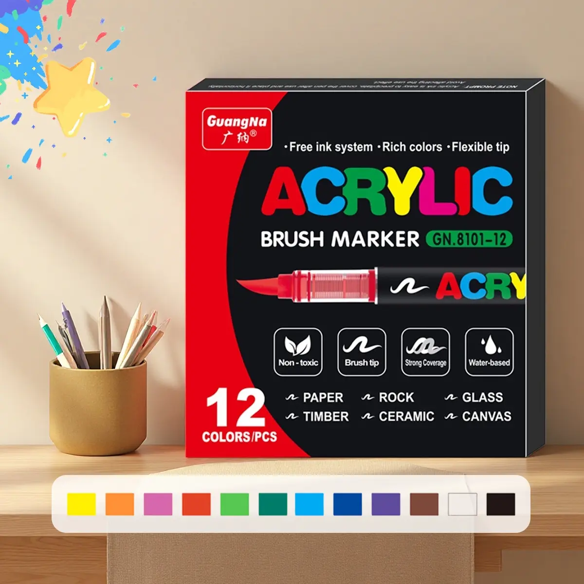 Guangna 12 Color Acrylic Paint Markers, Flexible Tips, Perfect for Coloring & Art Crafts, Ideal Christmas Gift for Artists
