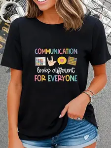 Lady's Cotton Short-Sleeve Round Neck Top - Breathable, Colorful Statement Piece, Casual Fashion Graphic Tee for Speech Therapy (Featuring "Communication Looks Different For Everyone" Design) summerwins