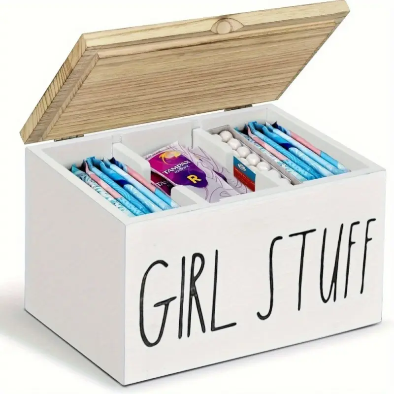 Wooden Bathroom Storage Box with Lid Rectangular Multi-functional Compartment Organizer for Women's Supplies Sanitary Pads Tampons Versatile for Bedroom Living Room Durable Storage Organizer