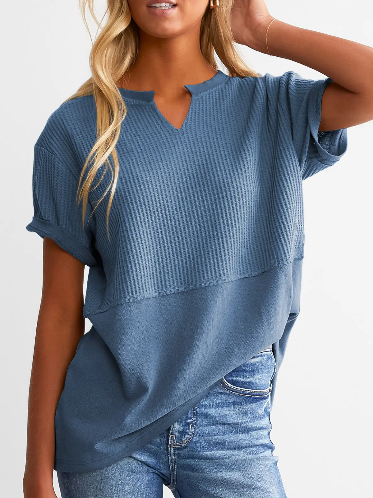 Shewin Women's Plus Size V-Neck Short Sleeve Knit Top - Solid Color Style Fashion Apparel, Oversized Tshirt for Casual Beach Use, Essential Tops & Shirts for Intimates