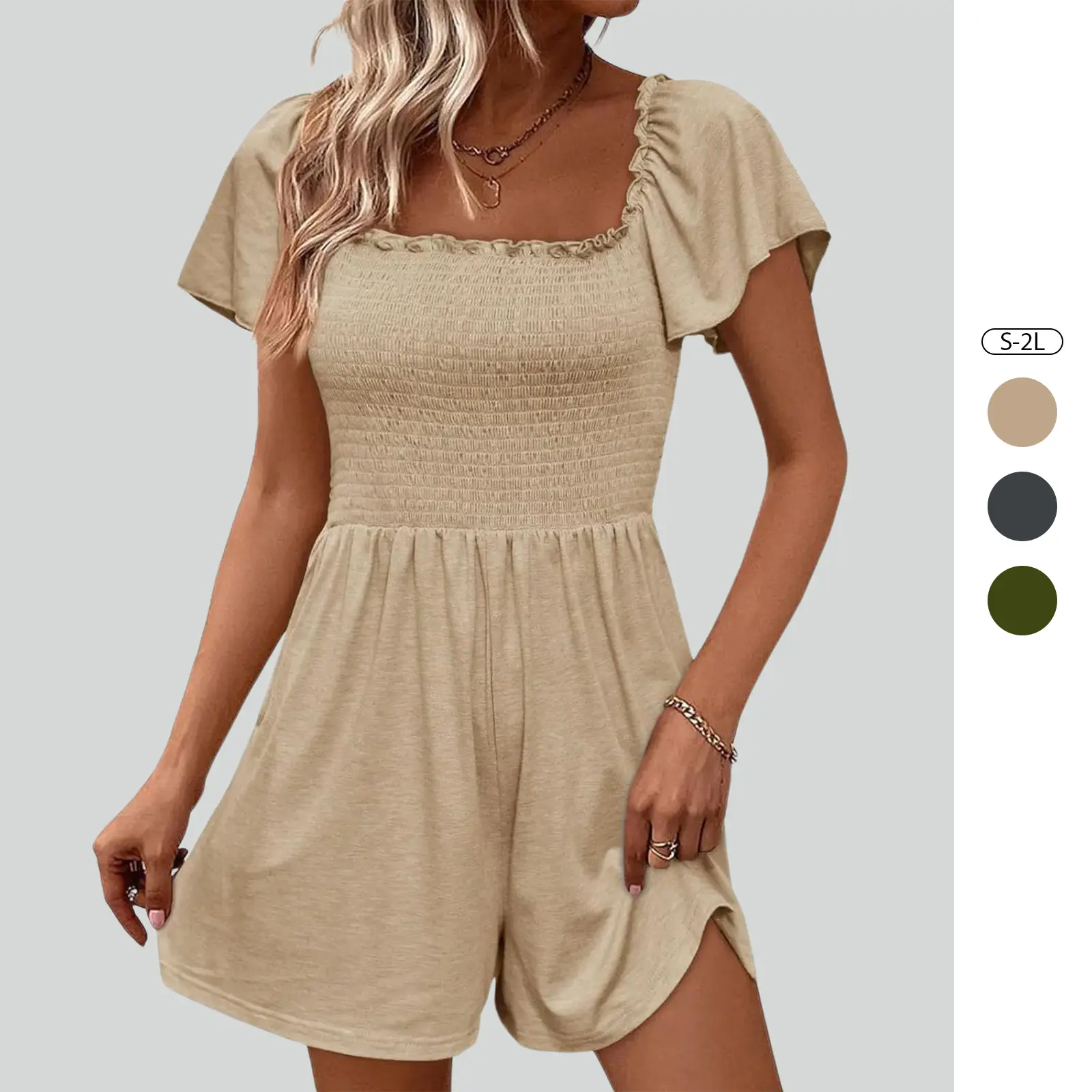 Imily Bela Womens Summer Smocked Romper Ruffle Sleeve Square Neck Flowy Short Jumpsuit Beach Vacation Outfits