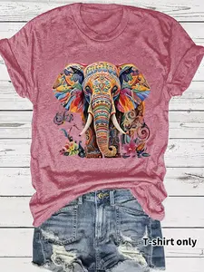 Women's Casual Streetwear Short Sleeve Summer T-Shirt Lady, Saint Elephant Print, Soft Breathable Fabric, Round Neck, Regular Fit, All Seasons