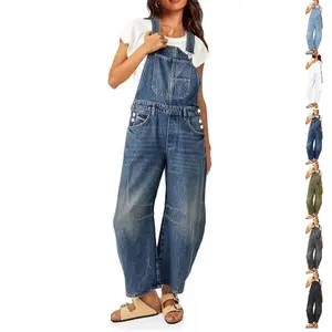 PASLTER Womens Denim Bib Overalls Barrel Leg Adjustable Strap Jean Pants Jumpsuits with Pockets Minimalist Basic Sleeveless Trouser Style