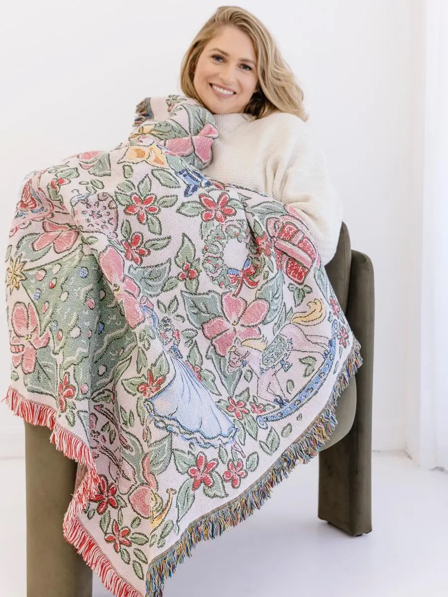 54x60 in 1-Piece Soft Texture Flat Weave Nutcracker in Bloom Floral Motif Blanket Throw Afghan - Custom Design with Nutcracker, Clara, Rat King, Sugarplum Fairy, Rocking Horse - Lilly Inspired Christmas Home Decor Gift