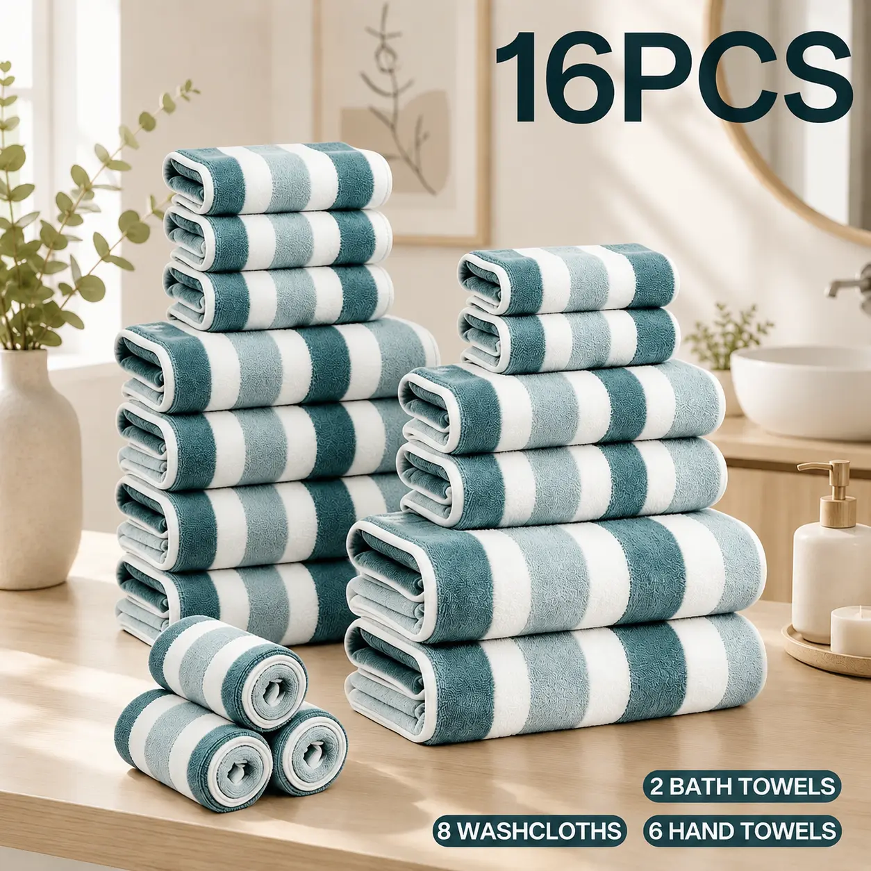 16/8PCS Microfiber Bath Towel Set, Super Soft, Highly Absorbent & Fast Drying Towels, Includes 2 Bath Towels, 4 Hand Towels and 2 Washcloths, Bathroom Essentials for Home, Hotel, Gym & Spa