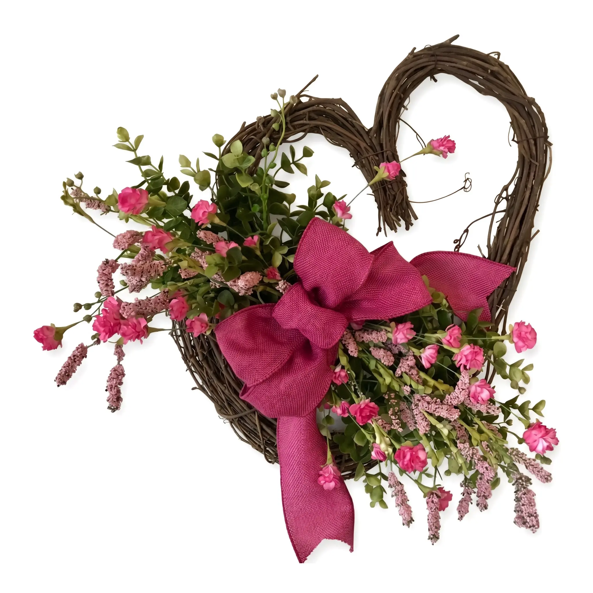 Heart-Shaped Grapevine Wreath Rustic with Pink Flower Bow All Seasons Home Wall and Front Door Decor