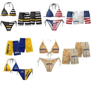 Twisted Tea Matching Couple Swimwear Set, Custom Color USA Flag & Lemon Tea Inspired Bikini & Mesh Shorts Summer Beach Outfit, Gift for Couples & Beach Lovers