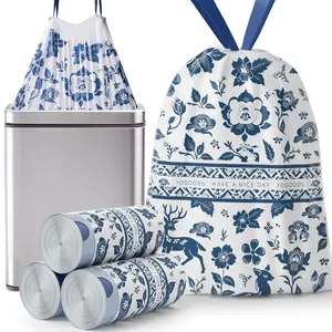 13 Gallon Drawstring Rip-Proof Trash Bags, Blue and White Porcelain Theme Printed Sturdy Trash Bags for Office, Kitchen, Bedroom Trash Cans