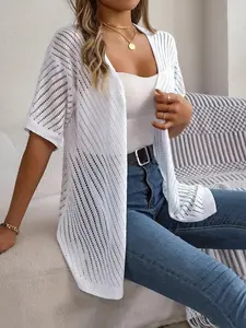 Elegant Plus Size Knit Cardigan Knitwear with Hollow Out Details, Short Sleeve Design, Perfect for Spring Summer Holidays, Fashion Women's Clothing, Womenswear Breathable Casual