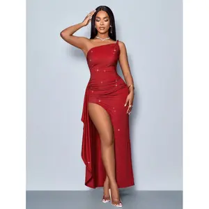Christmas Party Dress Red Asymmetrical Neckline High Slit Ruffle Trim Sparkly Long Maxi Dress for Women Night Out Glamorous Bodycon Style
