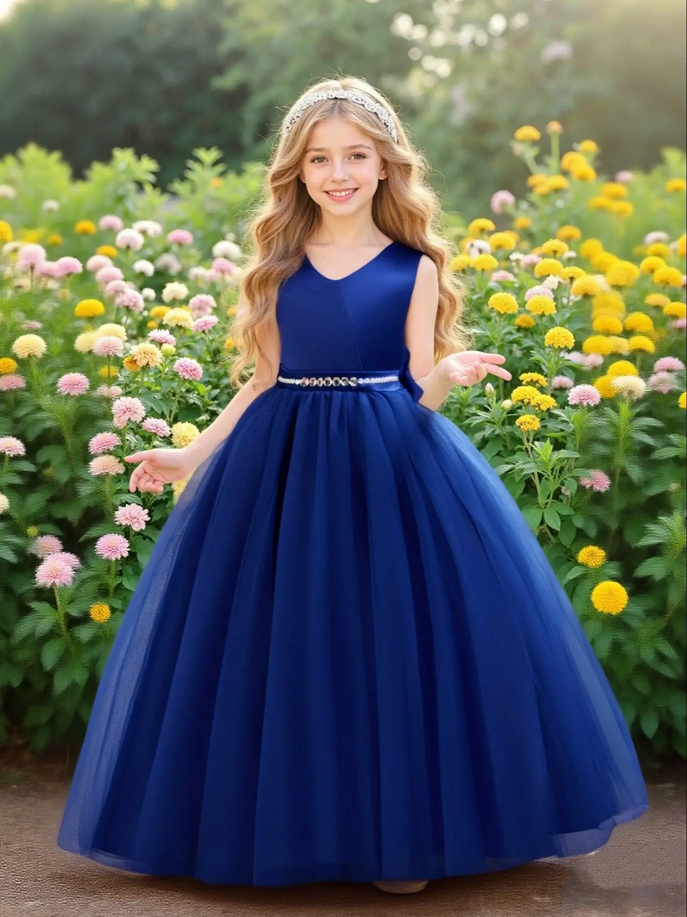 Christmas Long Dress for Girls, V Neck with Big Bow, Mid-Waist Rhinestone Design, Multi-Layer Mesh, Perfect for Piano Performance