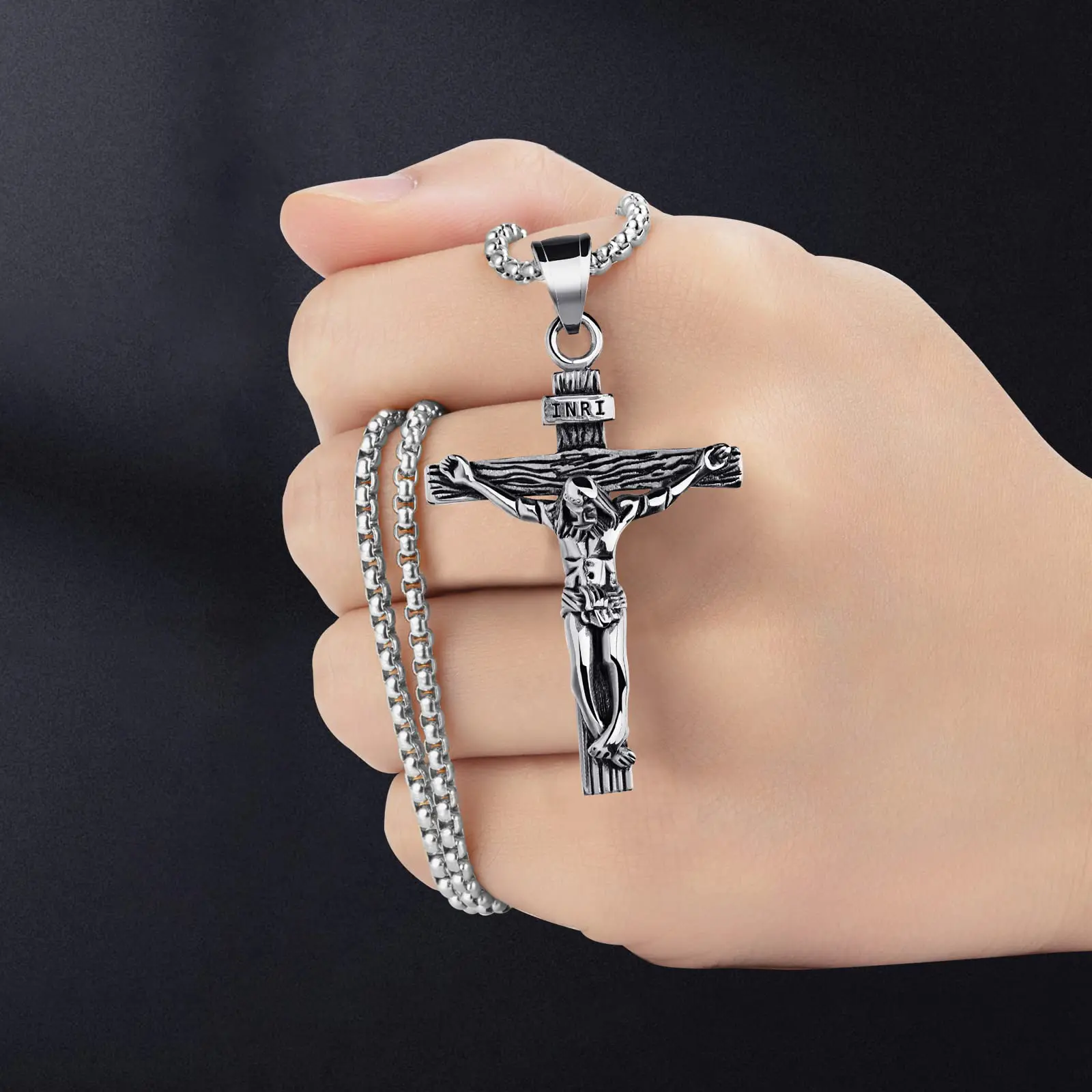 Stainless Steel Christian Crucifix Necklace with Vintage Oxidized Finish - Unisex Spiritual Protection Amulet for Daily Wear